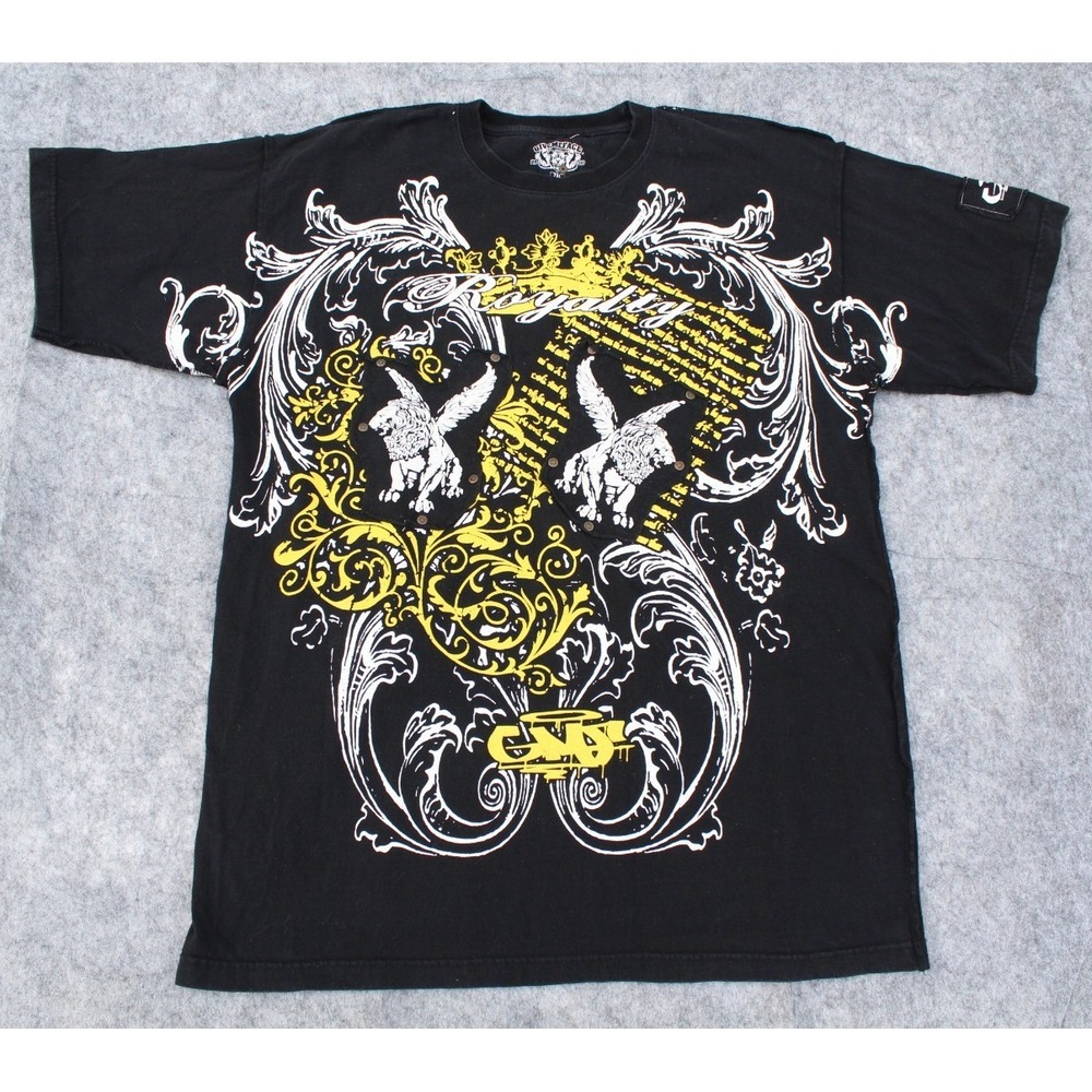 GIVE ME FACE 2000 Mens T-Shirt 2XL Black‎ & Yellow Sword Rose Royalty Y2K